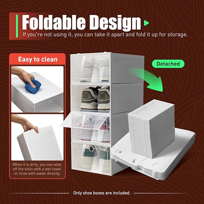 20 Pack Shoe Storage Boxes, Shoe Boxes Clear Plastic Stackable Shoe Organizer, Foldable Shoe Rack, Angel White | Space-Saving Home & Office Organizatio (20)