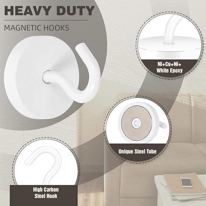 Neosmuk Magnetic Hooks, Cruise Ship Essentials, 10lb+ Heavy Duty Magnetic Hooks for Cruise Cabins, Refrigerator, Grill, Hanging, and Travel | Extra Strong Must-Haves Magnet Hook,White