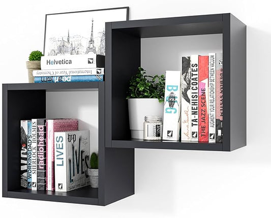 Kaboon Cube Shelves Set2, Black Display Shelves Wall Mount 7.75" D x 12.5" W x 12.5" H, (Black, Square 2 Cubes)