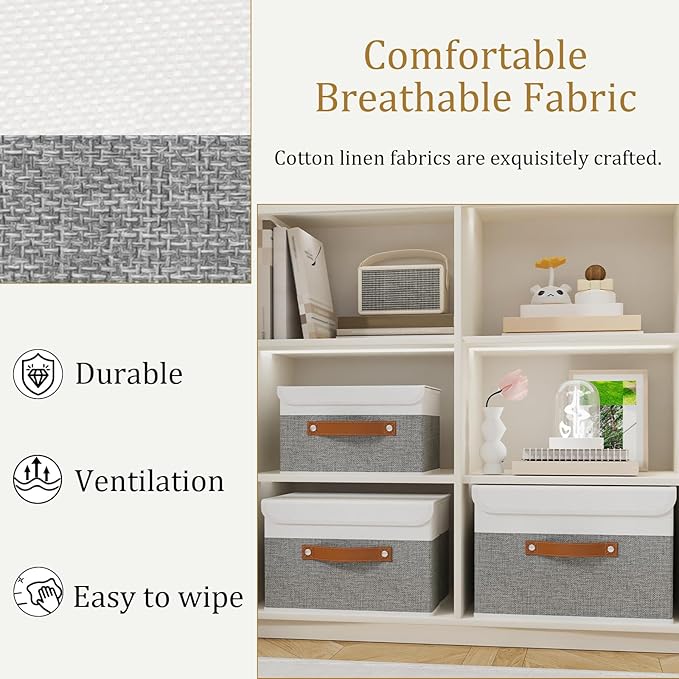 OUTBROS Storage Box with Lid Large, Linen Fabric Wardrobe Containers, Collapsible Organiser For Towels, Clothes, 17.7 x 11.8 x 11.8 inch (White/Grey, 5-Pack)