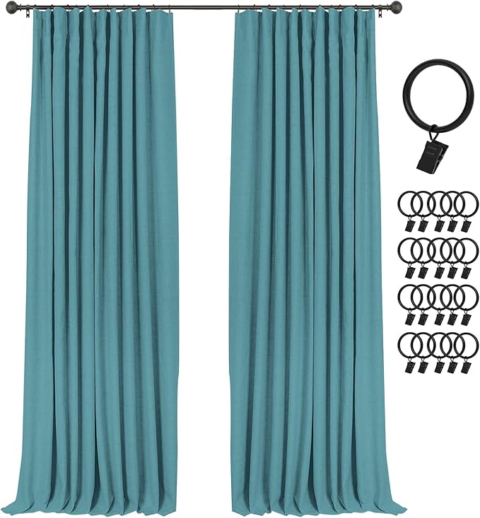 INOVADAY 100% Blackout Curtains for Bedroom, Black Out Curtains 90 Inch Long, Clip Rings Linen Blackout Drapes, Thermal Insulated Room Darkening for Living Room, 2 Panels - Teal,W50xL90