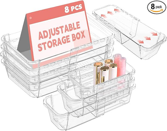 8 Pcs Mixed Extendable Clear Drawer Organizer, All Adjustable Vanity Storage Box, 2-Size Desk Drawer Organizer, Acrylic Storage Bins for Makeup, Cosmetic, Bedroom Dressers Tool Organizer for Gadgets