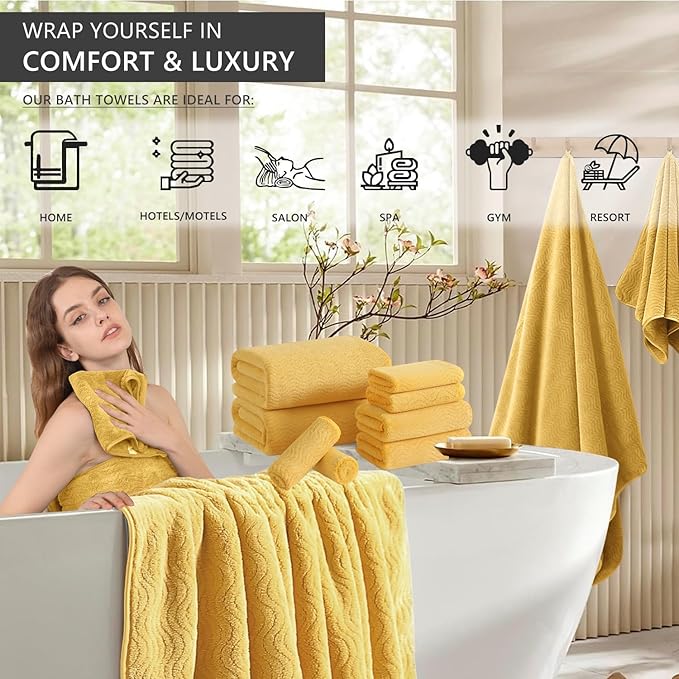 8 Piece Bath Towel Set — 2 Oversized Large Bath Sheet,2 Hand Towels,4 Washcloths — Ultra Soft Cozy Bath Towel Set for Bathroom Hotel Gym Spa,Highly Absorbent Quick Dry Bathroom Towel Collections,Yellow