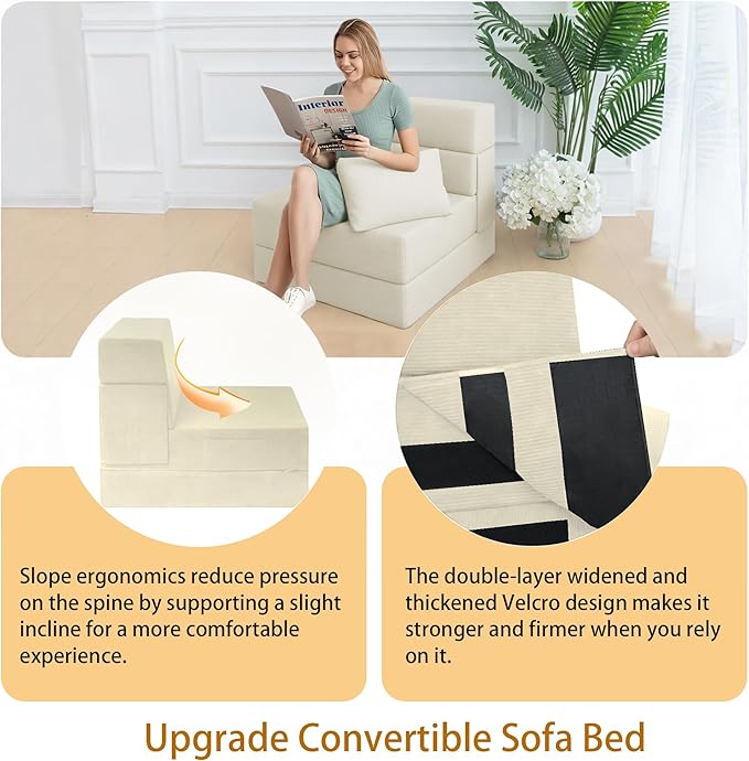 Sofa Bed Foldable Mattress ，Folding Sleeper Sofa Chair Bed Floor Mattress with Pillow for Living Room Home Office (Off White- Corduroy, Single)