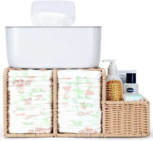 Diaper Caddy Organizer, Hand Rattan Nursery Storage Basket for Baby Essentials, Baby Changing Table Organizer Perfect Nursery Assistant (Natural Woven, M)