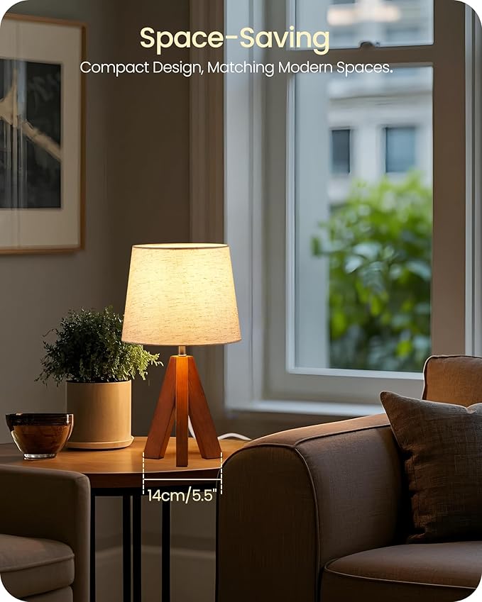 Wood Tripod Table Lamp — Warm Ambient Glow, Beige Fabric Shade