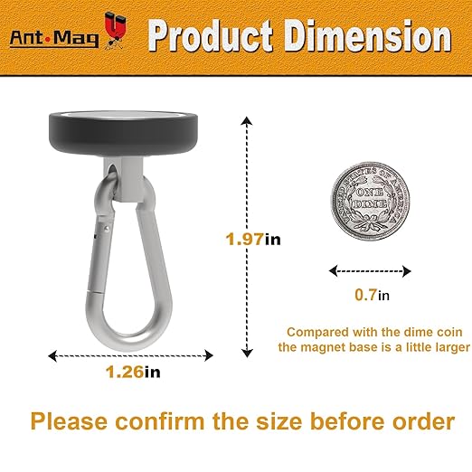 Ant Mag Heavy Duty Neodymium Magnet Hooks with Swiveling Carabiner - 140LBS Capacity, Indoor/Outdoor Use (4 Pack Black)