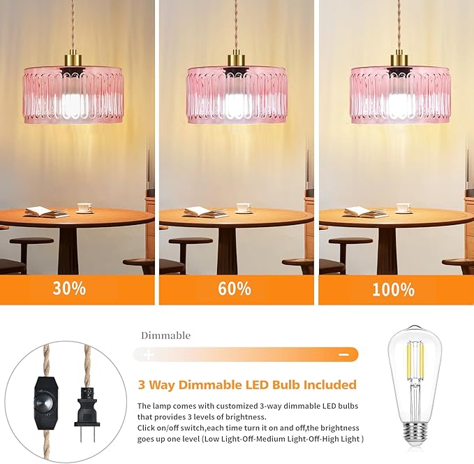 Pink Plug in Pendant Light Glass Hanging Lights with Plug in Cord Boho Hanging Lamp Gold Mid Century Modern Vintage Dimmable Flower Plug in Chandelier Ceiling Fixture for Living Room,Bedroom