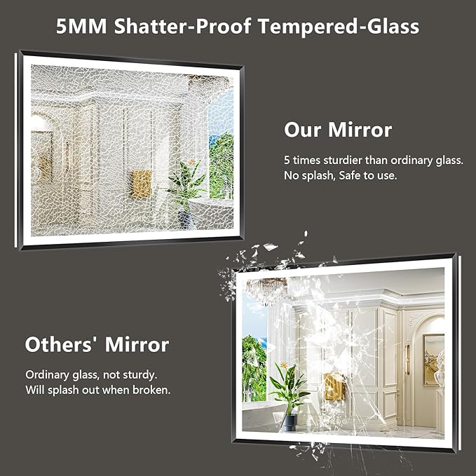 51x32 Black Framed LED Bathroom Mirror with Lights, Backlit and Front Light, Lighted Bathroom Vanity Mirror for Wall Dimmable Anti-Fog Memory Tempered Glass Horizontal/Vertical