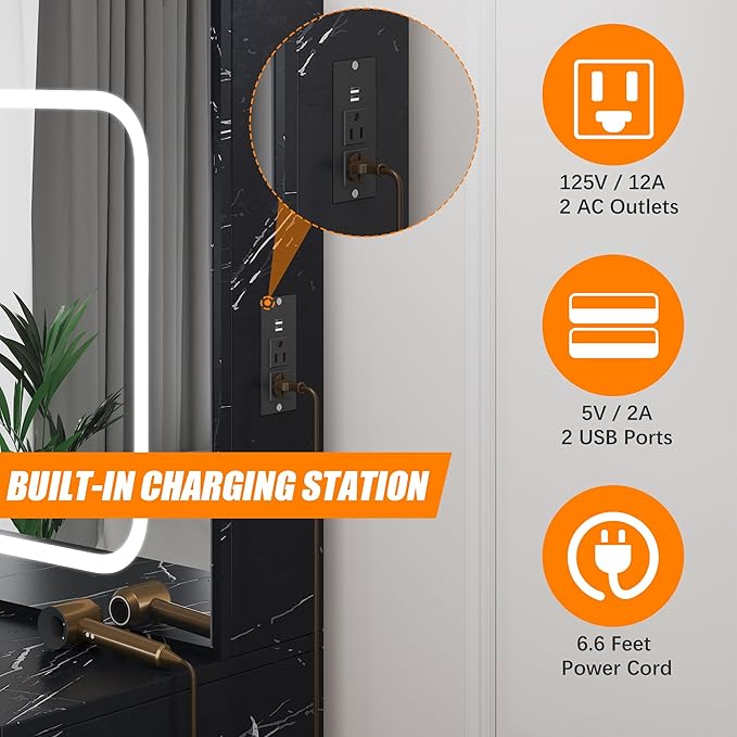Vanity Desk with Sliding LED Mirror, Makeup Dressing Table with 4 Drawers, Storage Shelves, Power Outlet & Cushioned Stool, Adjustable 3 Lighting Modes, Vanity Set for Bedroom, Marble-Black & White