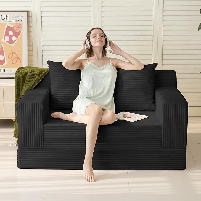 Loveseat Boneless Convertible Sofa Bed, Folding Floor Futon Sleeper Sofa Couch Bed- Boneless Foldable Couch, Corduroy Pull Out Sofa Bed with 2 Pillows for Living Room & Bedroom
