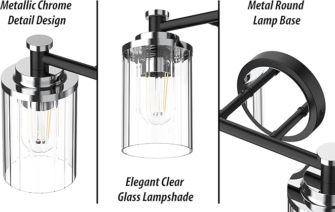 Bathroom Lighting Fixtures Black and Chrome Bathroom Vanity Light with Cylindrical Clear Stripes Glass Lampshade E26 Socket Base Bathroom Lighting Fixtures Over Mirror (4 Lights)