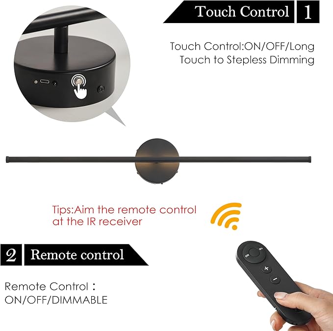 Battery Operated Wall Sconces, Dimmable Wall Sconces Set of Two, 350°Rotate, 3000K LED Black Wireless Wall Light for Living Room, Bedroom,Hallway, 40.1 Inch (2 Pack)