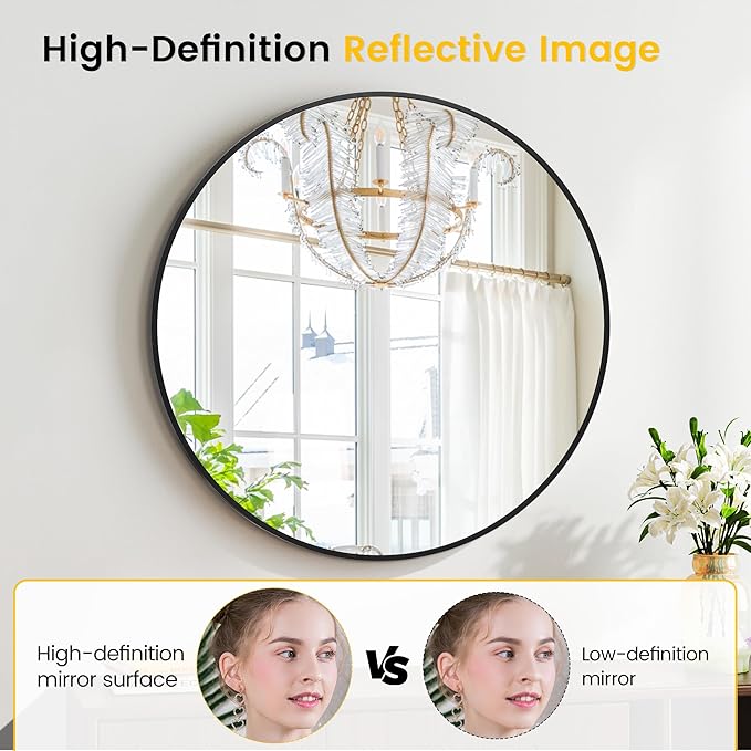 24 in Round Mirror for Wall, Black Metal Frame Circle Mirror, Round Bathroom Mirror for Wall Decor, Mirror for Entryway, Vanity, Bedroom, Easy to Install