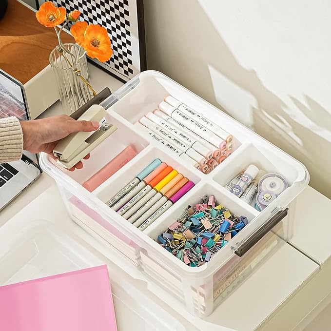 17 QT Plastic Storage Box with Removable Tray Art Supply Craft Organizers and Storage Stackable Storage Container for Organizing Bead, Tool, Sewing, Book, Crayon, Playdoh(Clear)