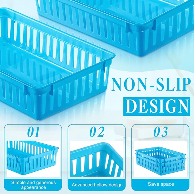 Wenqik Set of 12 Small Plastic Baskets for Organizing 10.24 x 6.5 x 2.36 Inch Pharmacy Baskets Rectangular Trays Plastic Organizer for Office Pharmacy Dorm Kitchens, Closets Shelves(Blue)