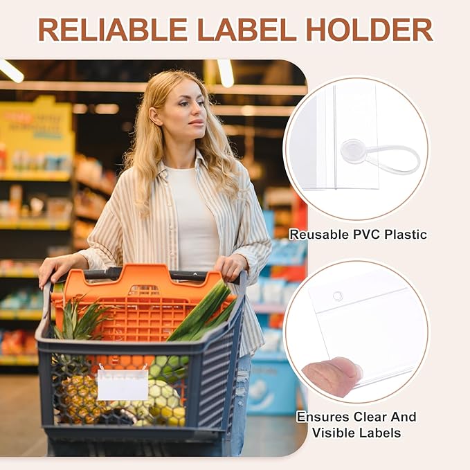 PATIKIL 3.5" x 2.2" Basket Labels Holders, 20 Pack Reusable Plastic Wire Shelf Label Holder Tag Display Clip with Button Lock with Paper Inserts Pens for Home Market Store, Clear