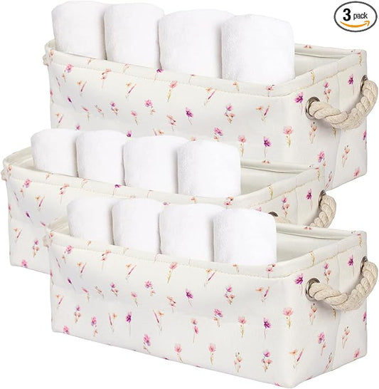 3PC Floral Narrow Storage Bins 15x6x5 inch Pink Flower Small Basket for Closet,Cabinet,Countertop Organizing Small Items Fabric Organizer with Handles, Toilet Paper Storage (Pink flower)
