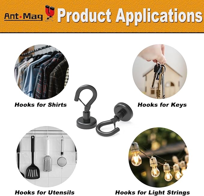 Ant Mag Black Magnetic Hooks Heavy Duty with Snap 22lbs Strong Magnet Hooks Great Hanging for Refrigerator, Cruise Cabin, Grill, Wreath,Kitchen,Office 8 Pack