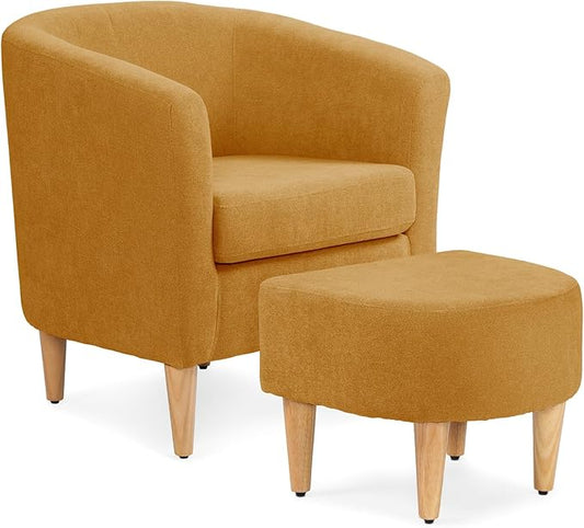 Athena Collection Modern Barrel Accent Chair with Ottoman, Furry Cozy Reading Arm Chair for Adults, Comfy Uphosltered Sofa Armchair with Footrest for Living Room, Bedroom, Small Space, Yellow