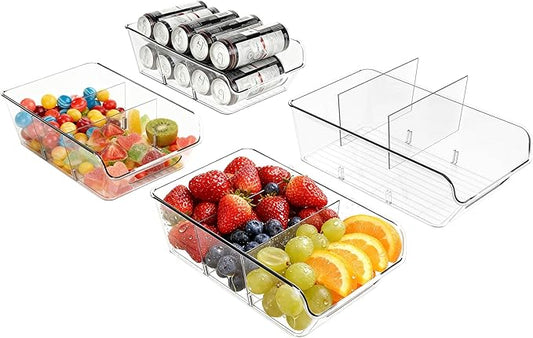 Pantry Organizers and Storage,Clear Plastic Containers with 2 Dividers for Kitchen,Fridge,Freezer Organization and Storage,Acrylic Bins for Pounches,Spice Packet,Snack organzier (4 Pack)