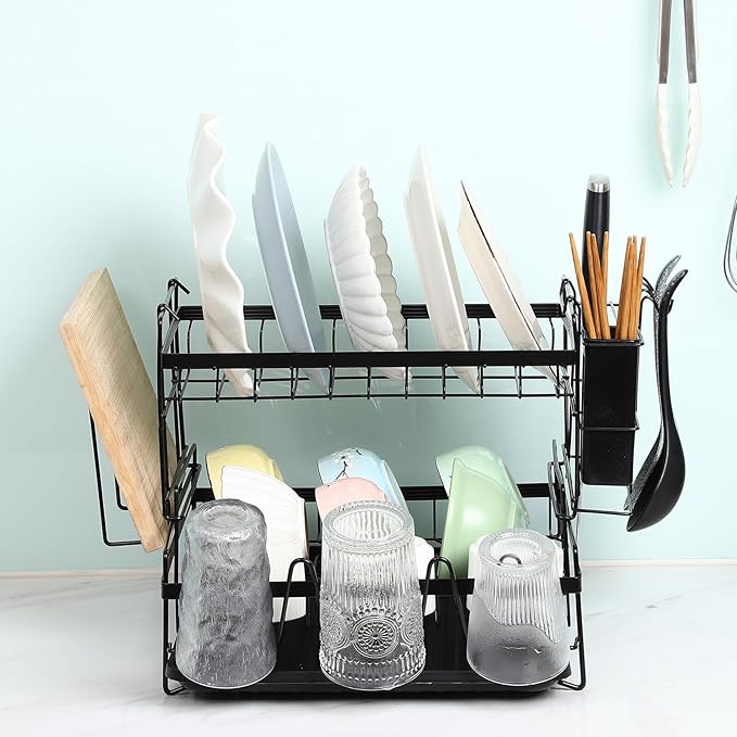 Large Capacity Double Tier Dish Drying Rack with Drainboard and Side Utensil Holder Over Sink Kitchen Counter Organizer for Bowls Plates Cutlery and Chopping Board Storage