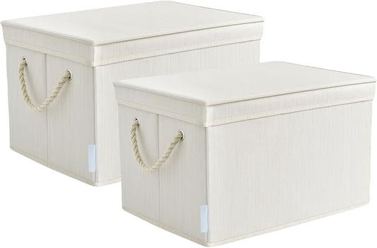 Pack of 2 Modern Fabric Storage Bins, Collapsible Open Storage Bins for Clothes, Books - Shelf Organizer with Dust-proof Lips, Ivory White, 34L