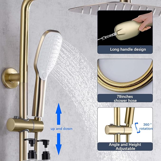 SonTiy Rain Shower Head System with Handheld Spray, 360° Adjustable Shower Arm Exposed Showerhead Kit with Caddy for Whole Family, Brushed Gold