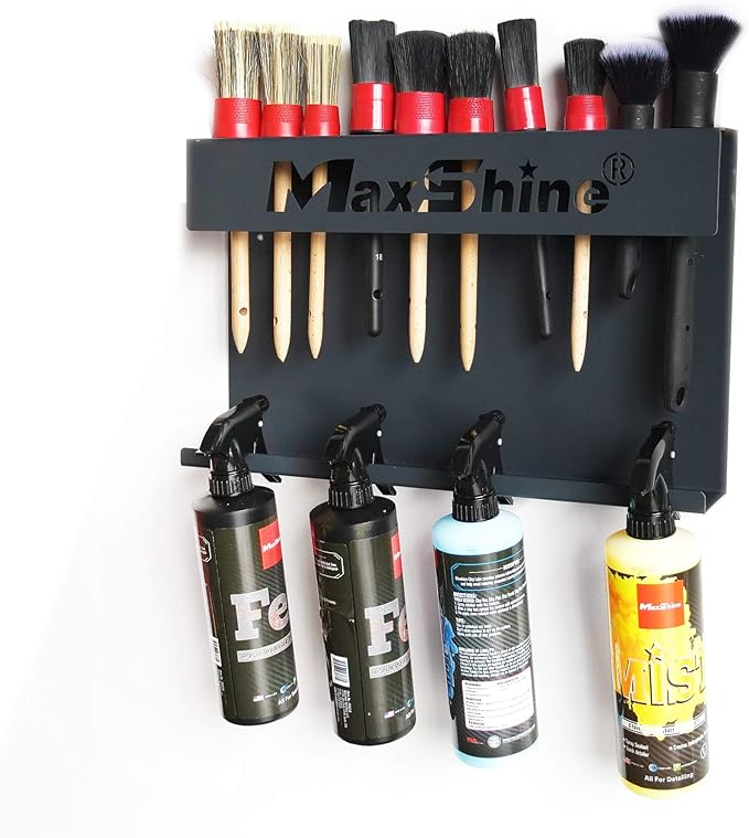 Universal Brush & Trigger Bottle Holder – Wall-Mount Organizer Holds 10 Brushes & 6 Spray Bottles – Black Powder-Coated Metal Rack for Garage, Auto Detailing Shop & Car Care Storage