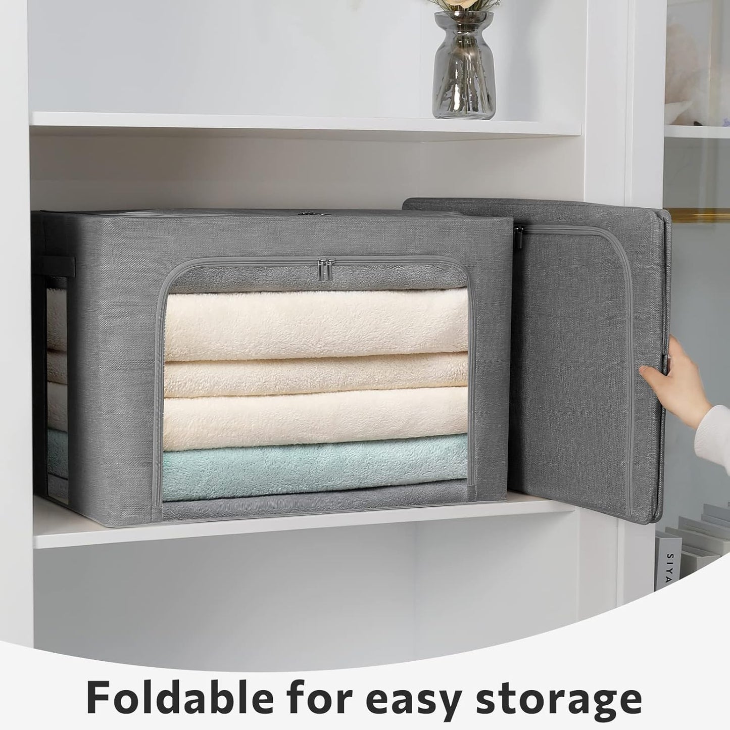2 Pack Clear Window Storage Bins — Stackable Linen Fabric Storage for Clothes, Foldable Box Organizer with Carrying Handles, 36L (Gray, 15.7×11.8×11.7")