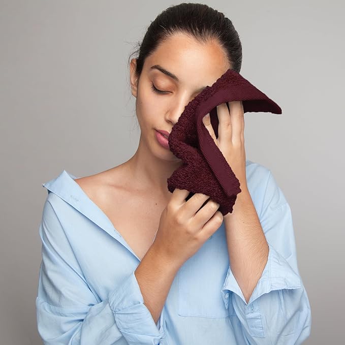 Face Towels Pack of 12 – 100% Cotton Wash Cloths (12x12 inch) – Soft, Quick Dry & Highly Absorbent Hand Towels for Bathroom, Spa, Gym, Kitchen and for Daily Use - (Burgundy)