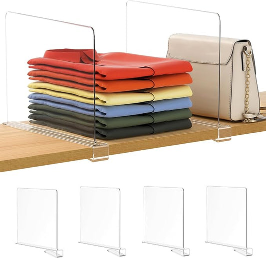 4 Pack 12 Inches [Extra Tall Version] Clear Shelf Dividers for Organization, Acrylic Closet Shelf Vertical Shelves Organizer for Bedroom, Kitchen and Office
