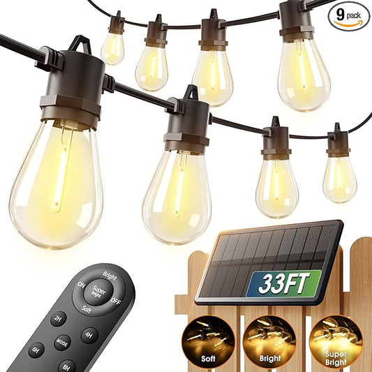 addlon 33FT (27+6) Solar String Lights for Outside Outdoor Waterproof with USB Port & Remote Control Solar Patio Lights Last for 20+Hrs Dimmable Solar Power LED Bulbs Hanging for Porch Garden Bistro