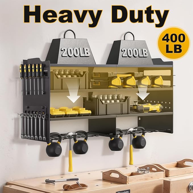 oviitech Power Tool Organizer Wall Mount, 8 Drill Holder Wall Mount Loads 400lbs, 4 Layer Heavy Duty Metal Power Tool Storage, Black, Utility Rack for Garage Workshop, Gifts for Men