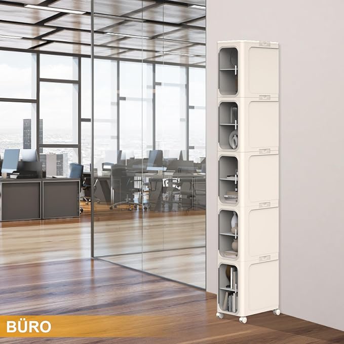 5-Tier Slim Tall Bathroom Cabinet, Plastic Tall Narrow Cabinet with Doors and Shelves, Floorstanding Skinny Cabinets with Wheels, Corner Bathroom Organizer for Small Space