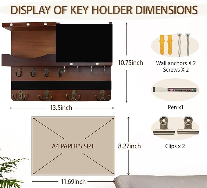 Key Holder for Wall Mount with Shelf and Mail Organizer, Key and Mail Holder with 16 Hooks, Farmhouse Entryway Organizer, Home Decor Rack(Pine Wood, Brown)