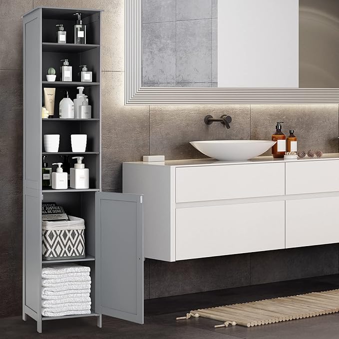 HAPPYGRILL Tall Bathroom Storage Cabinet, 72” Slim Bathroom Cabinet Organizer with 5 Open & 2 Adjustable Shelves, Anti-Tilt Design, Freestanding Storage Cabinet for Bathroom Living Room (Grey)