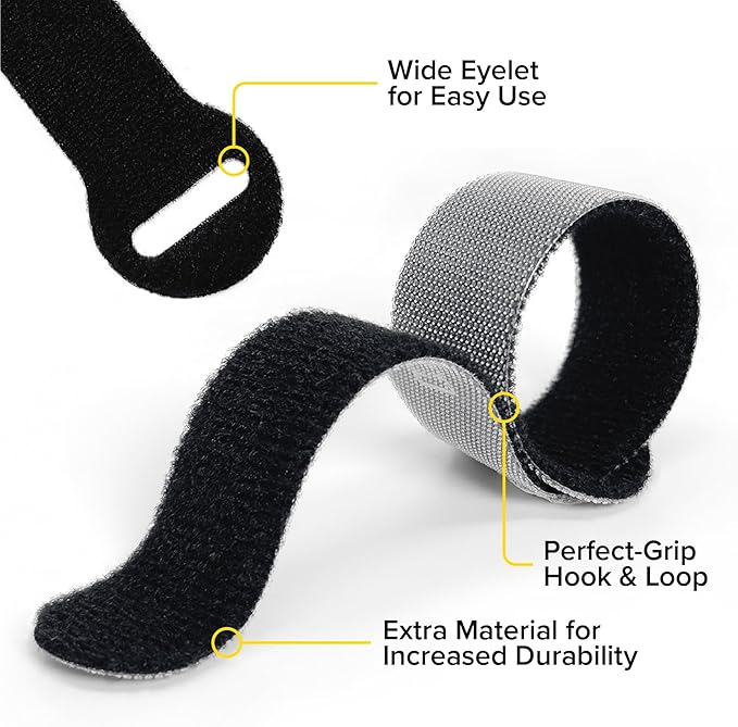 Self-Gripping Cable Ties by Wrap-It Storage, Black, 40 Pack (5 Inch and 8 Inch Straps) – Reusable Hook and Loop Cord Organizer Cable Ties for Cord Management and Desk or Office Organization