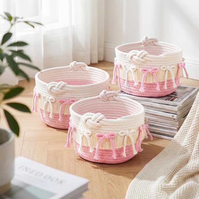 Novabright 3 Pcs Pink Bow Baskets Gifts Coquette Bow Cotton Rope Storage Baskets Round Shelf Organizer Laundry Hamper Storage Bin for Closet Bedroom Nursery Home Decor Baby Shower, 8.27'' x 6.1''