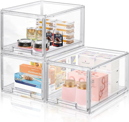 3 Packs Large Plastic Stackable Storage Drawers, DILIBRA Clear Storage Bins Organizer with Pull Out Drawers, Snacks Storage Organizer for Kitchen Cabinet Closet Shelf Pantry Organizers and Storage