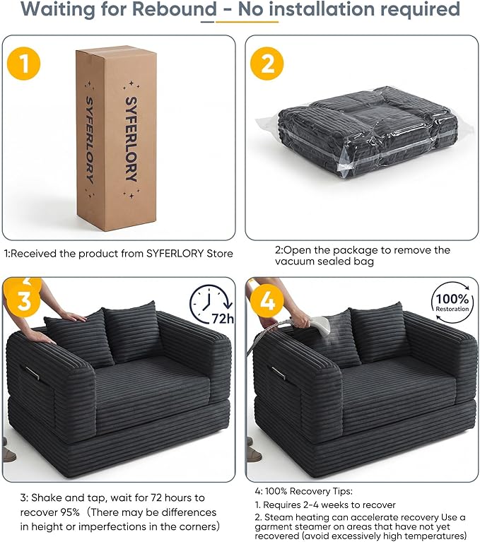 57“ Loveseat Folding Sofa Small Couches Armchair Convertible Chaise Longue Versatile 2 in 1 for Small Spaces, Couch Mid Century Love Seat Couches for Bedroom, Apartment, 2-Seater, Black