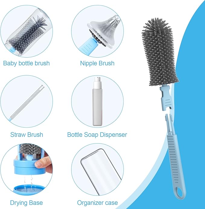 Travel Baby Bottle Brush Set with Extendable Silicone Bottle Brush，Nipple Brush,Staw Brush,Baby Bottle Soap Dispenser,Gift for Newborn Mothers, Suitable for Travel and Home(Cobalt Blue)