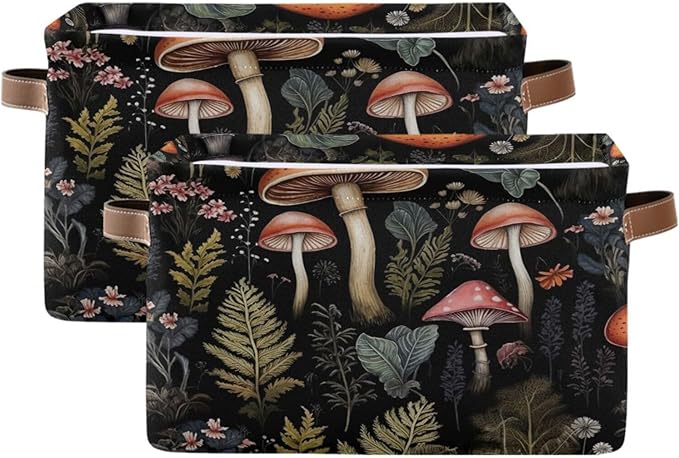 Storage Basket Mushroom Rectangular Collapsible Canvas Shelves Storage Bins with Leather Handles for Shelves Home Closet Bedroom Living Room, 2Pack