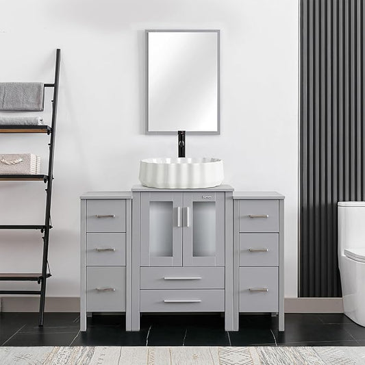 eclife 48" Modern Bathroom Vanity Sink Combo Freestanding Cabinet with Small Side Cabinet, White Shell Ceramic Vessel Sink, Water Save Faucet, Drain (Gray+T54)