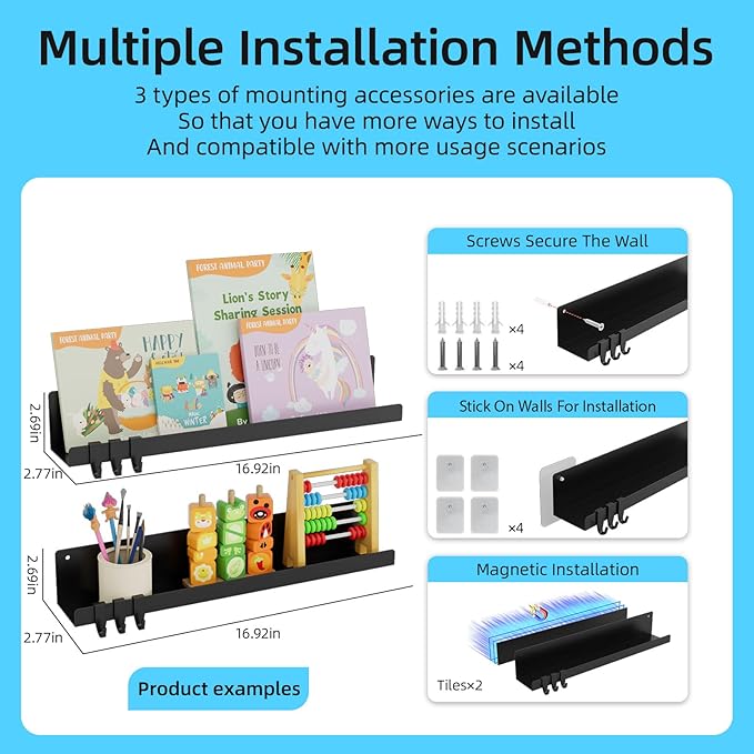 2-Pack Magnetic Book Shelf for Whiteboard - 17 Inch Reusable Metal Magnetic Shelves, Holds 14.33 lbs, Magnetic Book Display for Classrooms, Kitchen(New Black)