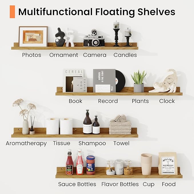 RICHFOCUS Picture Ledge Shelf, 24 inch Floating Shelves Set of 2, Wood Wall Shelves with Lip, Wall Decor Storage for Bedroom Living Room Bathroom Kitchen Nursery Photo Picture, Oak