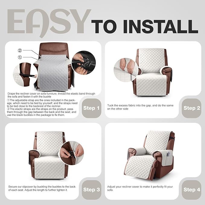 KinCam 100% Waterproof Recliner Chair Cover, Reclining Couch Covers for Pets, Dogs, Recliner Couch Slipcover Furniture Protector with Elastic Straps for Kids(28", Beige White)