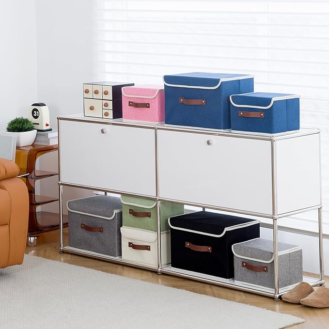 2PCS Collapsible Storage Boxes Baskets with Lid Cotton Linen Fabric Storage Bins with Faux Leather Handles Washable Cube Organizer Container for Home Closet Bedroom (Beige, Small Size)