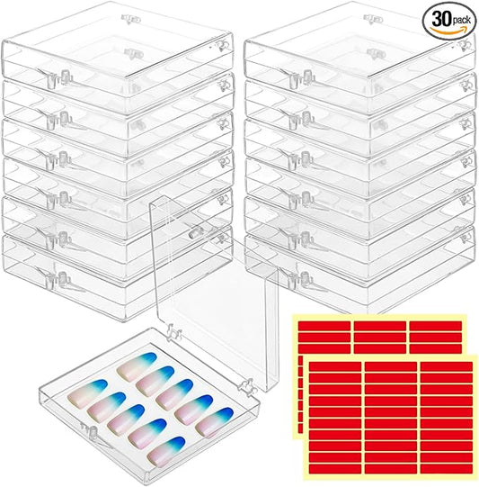 30 PCS Press on Nail Storage Boxes, Clear Nail Container with Double-Sided Tape, Acrylic Artificial Nail Display Box, Transparent Acrylic Nail Organizer Case, Small Acrylic Box for Nail Salon