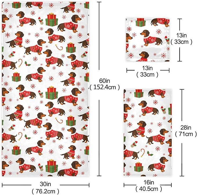 Christmas Winter Towels Set of 3 Dachshund Dog Christmas Snowflakes Bathroom Towel Soft Absorbent Bath Hand Towels Washcloth Guest Towel Sets Xmas Holiday Decor